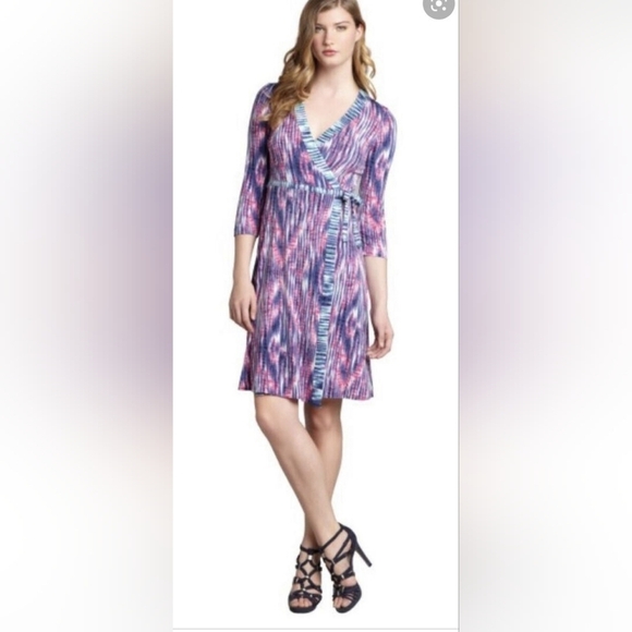 BCBG MaxAzria Pink and Blue Wrap Dress Fit and Flare V-Neck - Picture 1 of 4